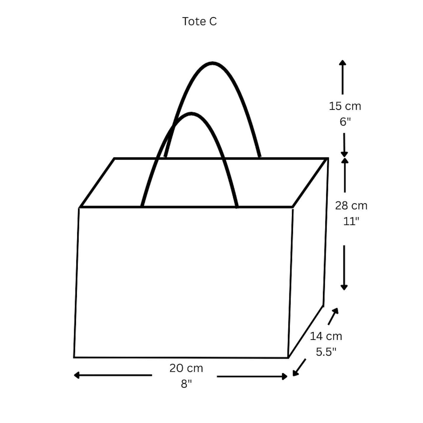 Measurement chart for the small orange geometric patterned tote bag labeled with dimensions in centimetres and inches.