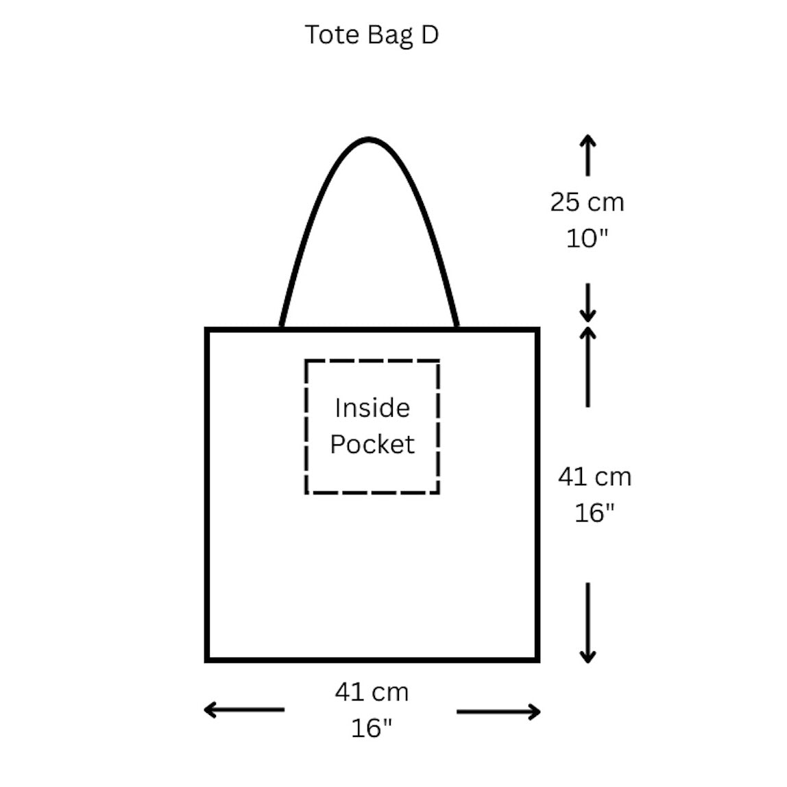 Measurement diagram of a black  tote bag  with a white floral pattern labeled  with dimensions in centimetres and inches