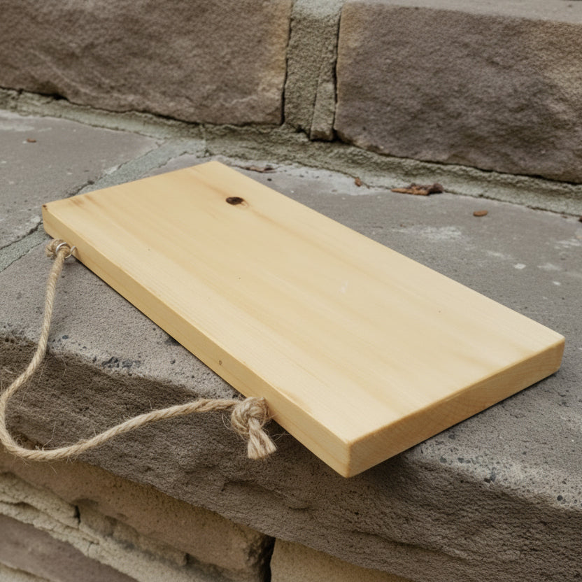 The plain wood back of a rustic painted wall plaque tied with simple twine on a rustic stone sill.