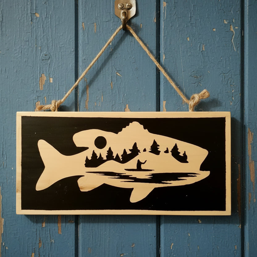 A wooden wall plaque with painted image of a canoeist in the wilderness within the outline of a fish
