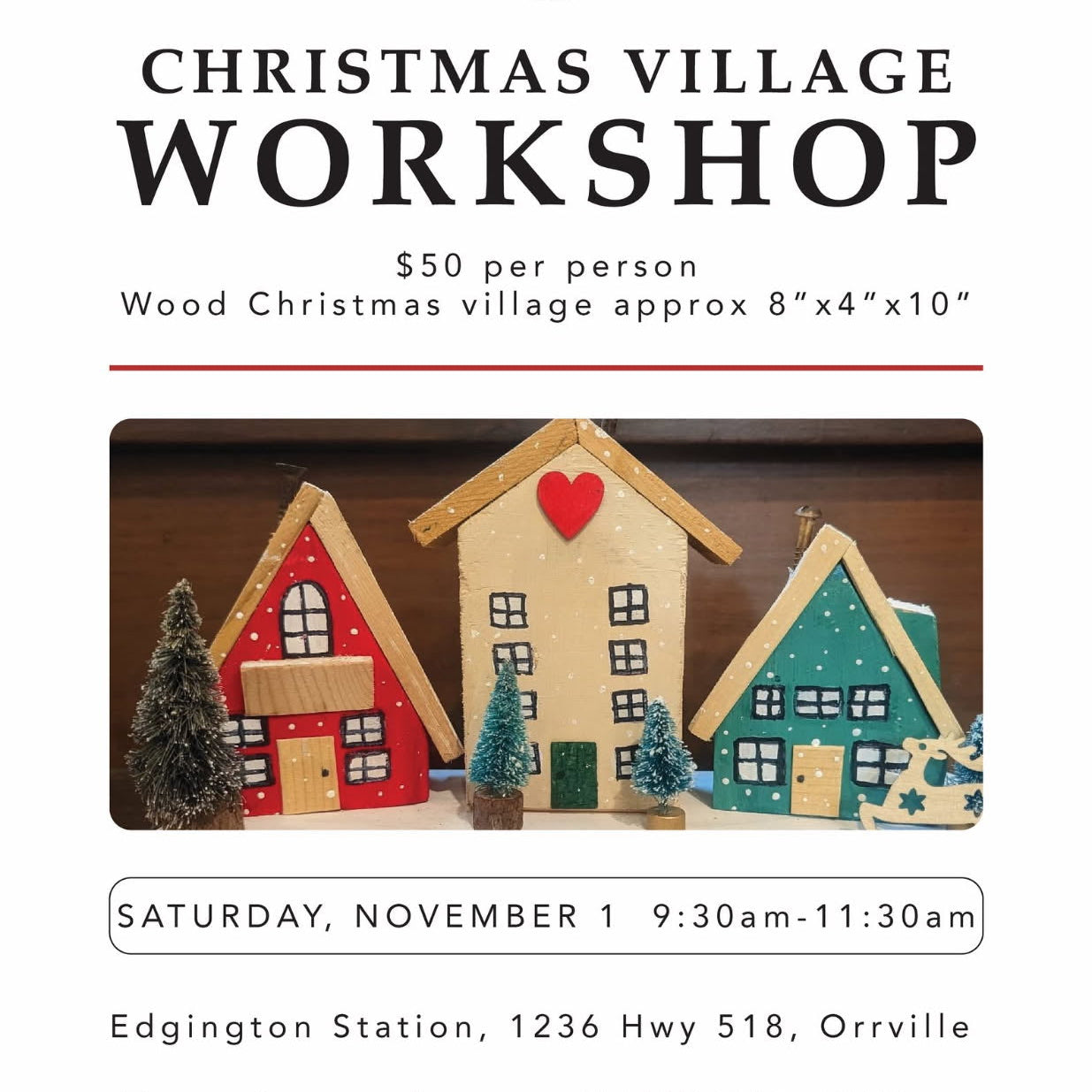 Advertising poster for a Christmas village workshop making wooden houses and trees from salvage wood